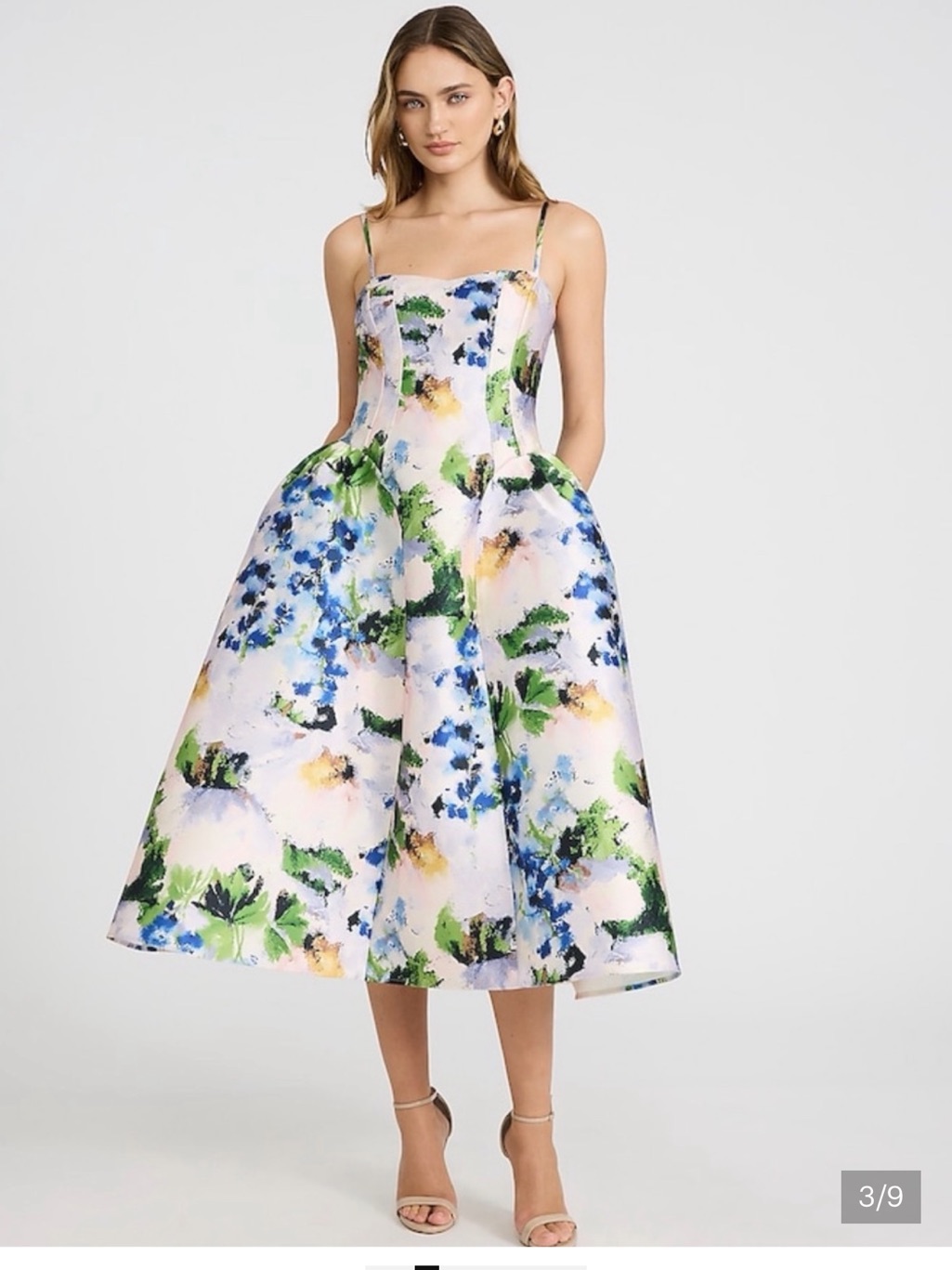 Express Floral Satin Sweetheart Basque Waist Midi Fit And Flare With Pockets